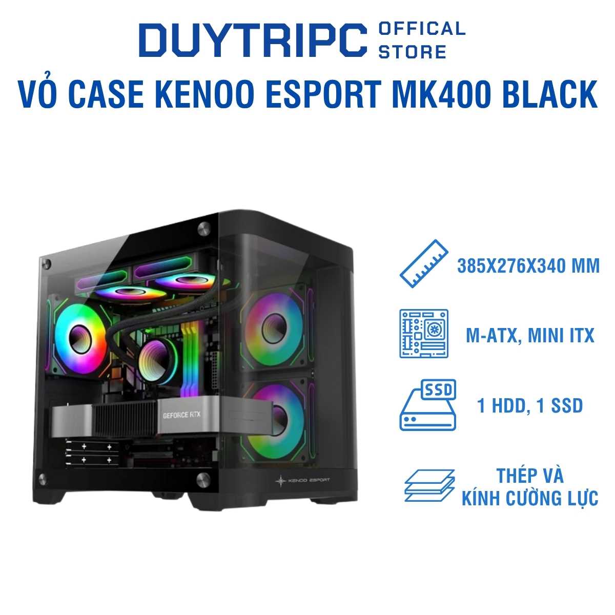 Vỏ Case Kenoo Esport MK400 Black – Gaming Mid Tower Cao Cấp, Kính Cường Lực, Hỗ Trợ Tản Nhiệt AIO, Giá Tốt